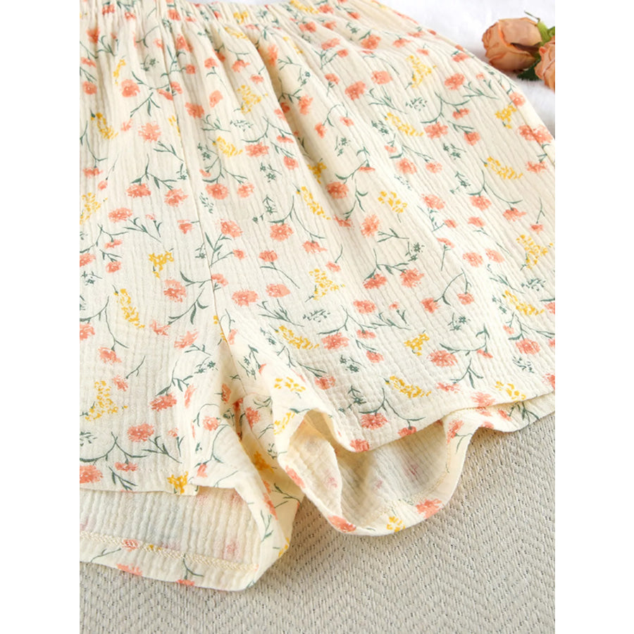 Floral Print Crinkle Texture Tie-Front Top and Shorts Set Apparel and Accessories