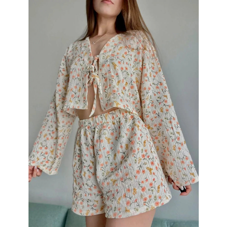 Floral Print Crinkle Texture Tie-Front Top and Shorts Set Floral / S Apparel and Accessories