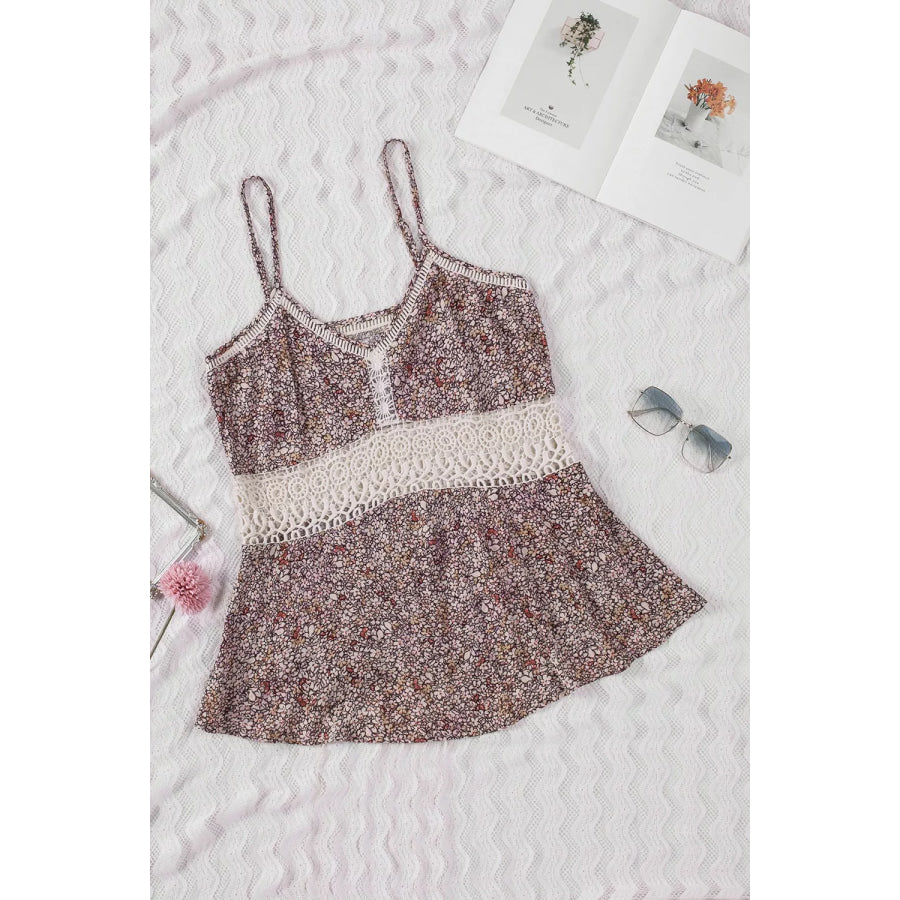 Floral Print Crochet Trim Cami with Spaghetti Straps Apparel and Accessories