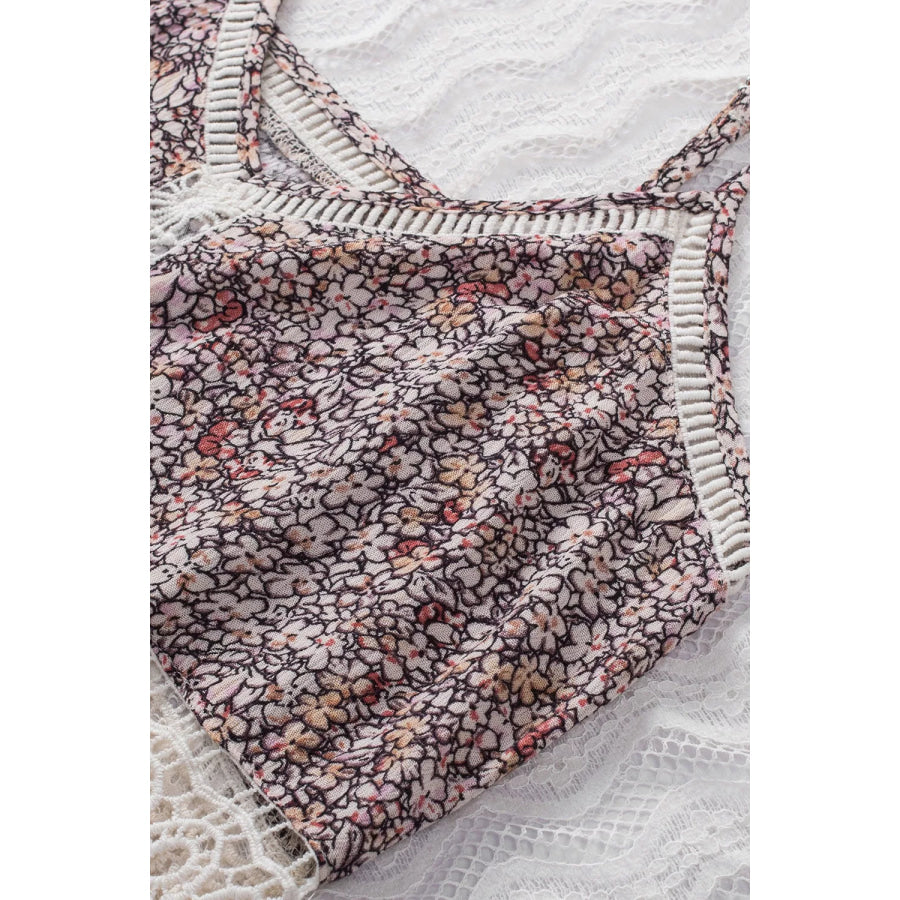 Floral Print Crochet Trim Cami with Spaghetti Straps Apparel and Accessories