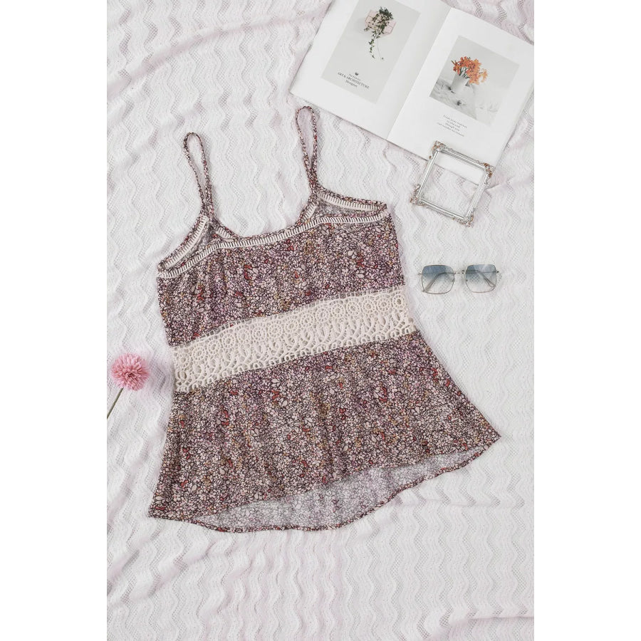 Floral Print Crochet Trim Cami with Spaghetti Straps Apparel and Accessories