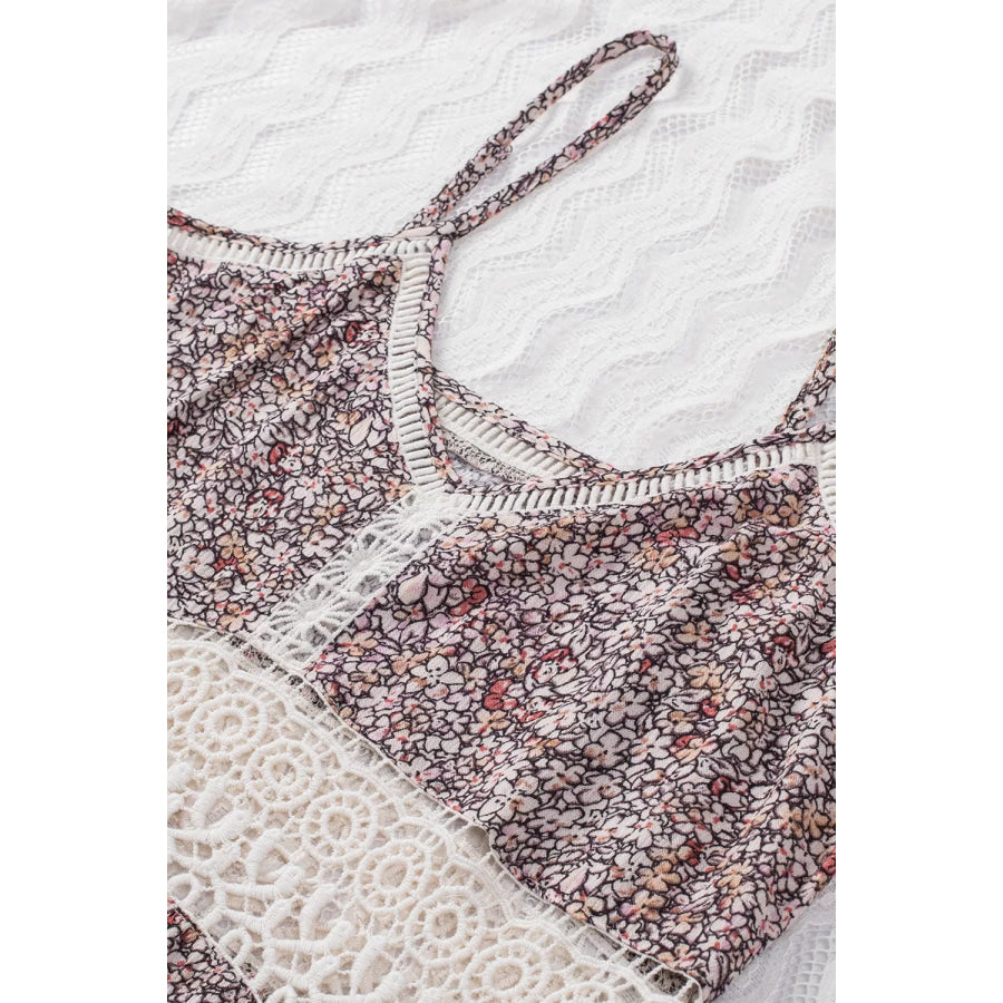Floral Print Crochet Trim Cami with Spaghetti Straps Apparel and Accessories