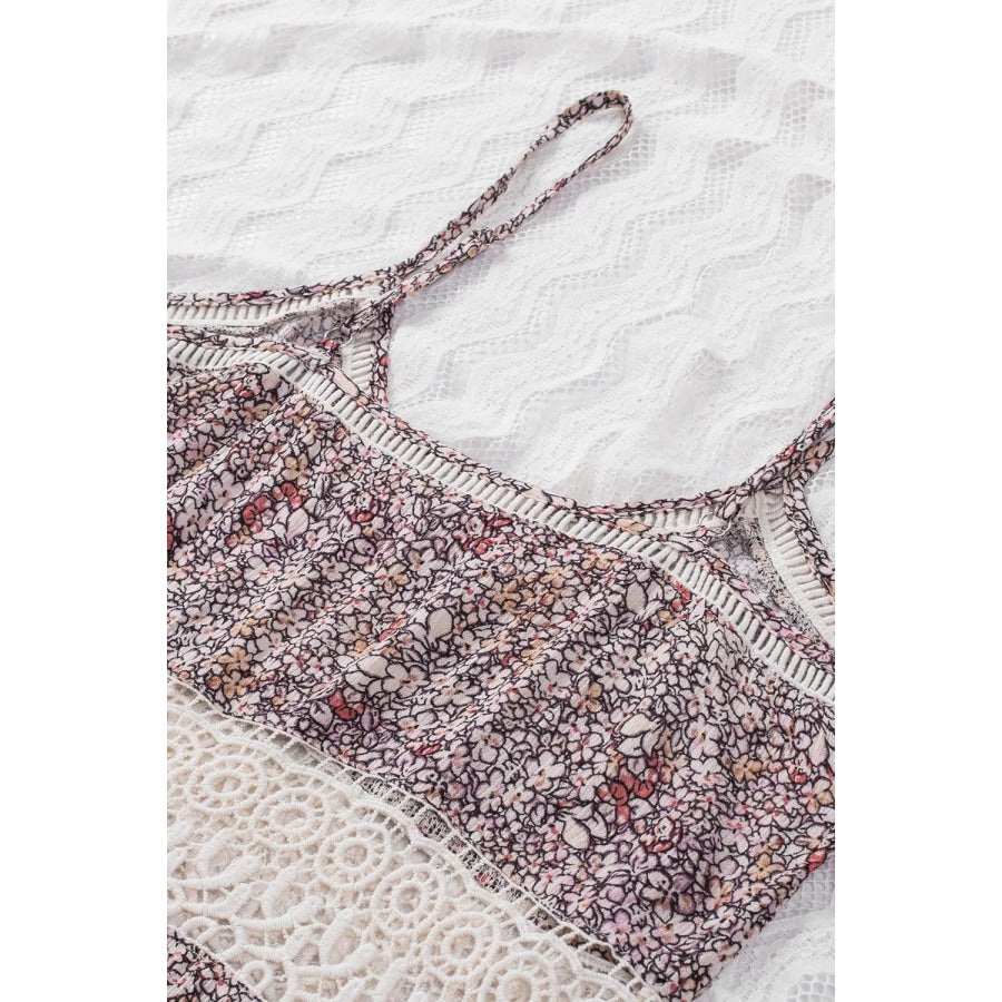 Floral Print Crochet Trim Cami with Spaghetti Straps Apparel and Accessories