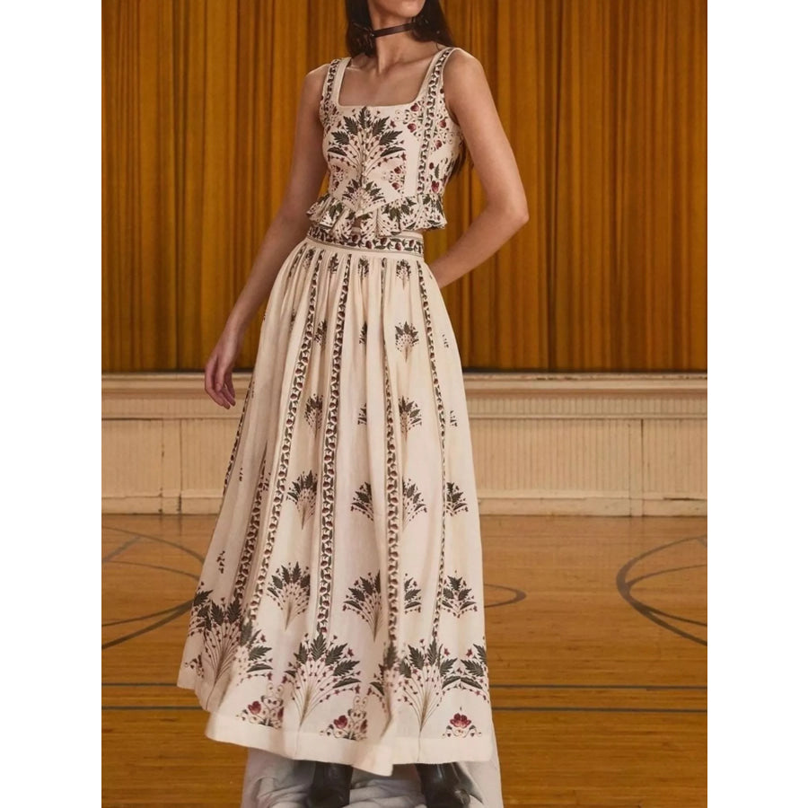 Floral Print Crop Top and Maxi Skirt Set Cream / S Apparel and Accessories