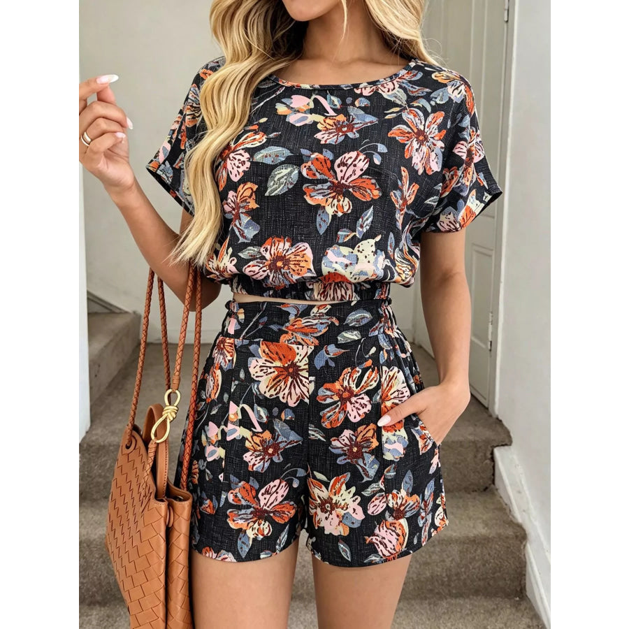 Floral Print Crop Top and Shorts Set Navy Blue / S Apparel and Accessories
