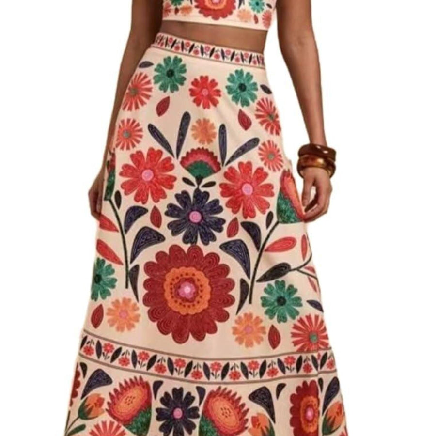 Floral Print Crop Top and Skirt Set Apparel Accessories