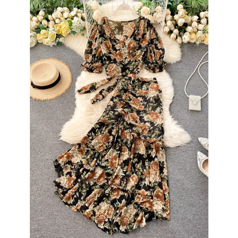 Floral Print Crop Top and Skirt Set Black / One Size Apparel and Accessories