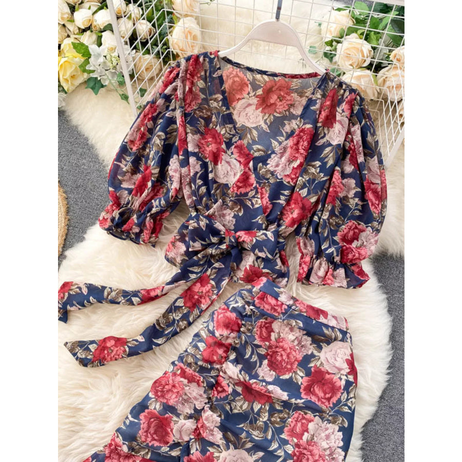 Floral Print Crop Top and Skirt Set Dark Blue / One Size Apparel and Accessories