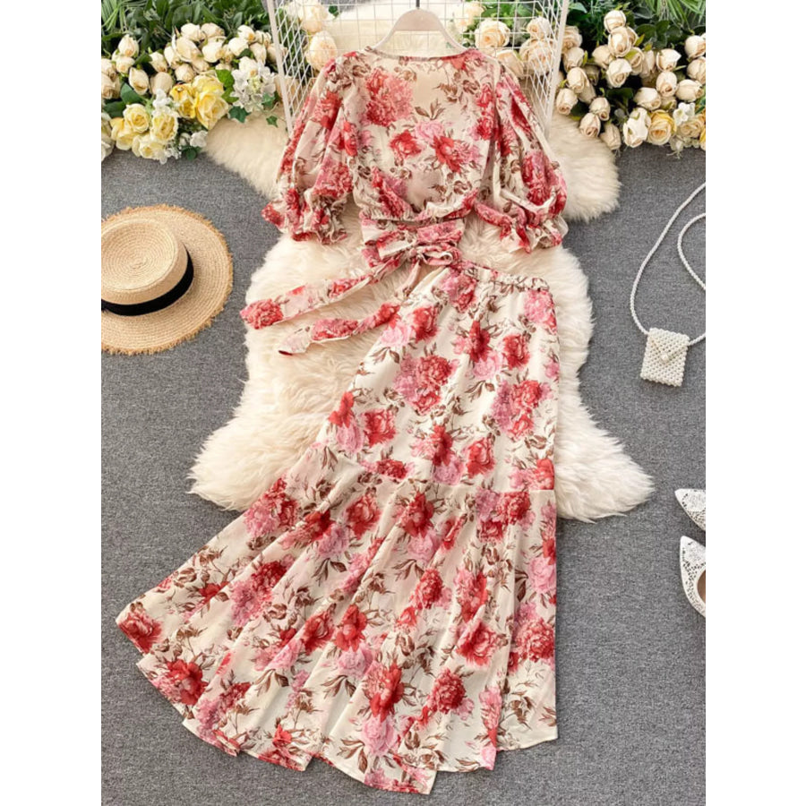 Floral Print Crop Top and Skirt Set Pink / One Size Apparel and Accessories