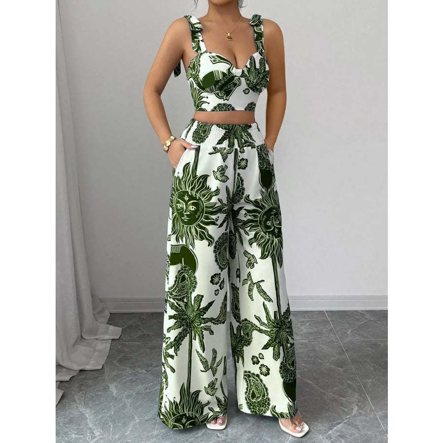 Floral Print Crop Top and Wide Leg Pants Set Apparel and Accessories