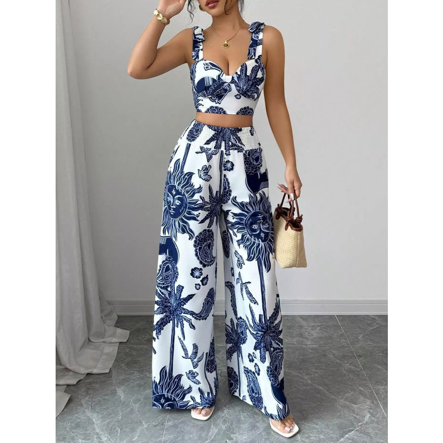 Floral Print Crop Top and Wide Leg Pants Set Apparel and Accessories