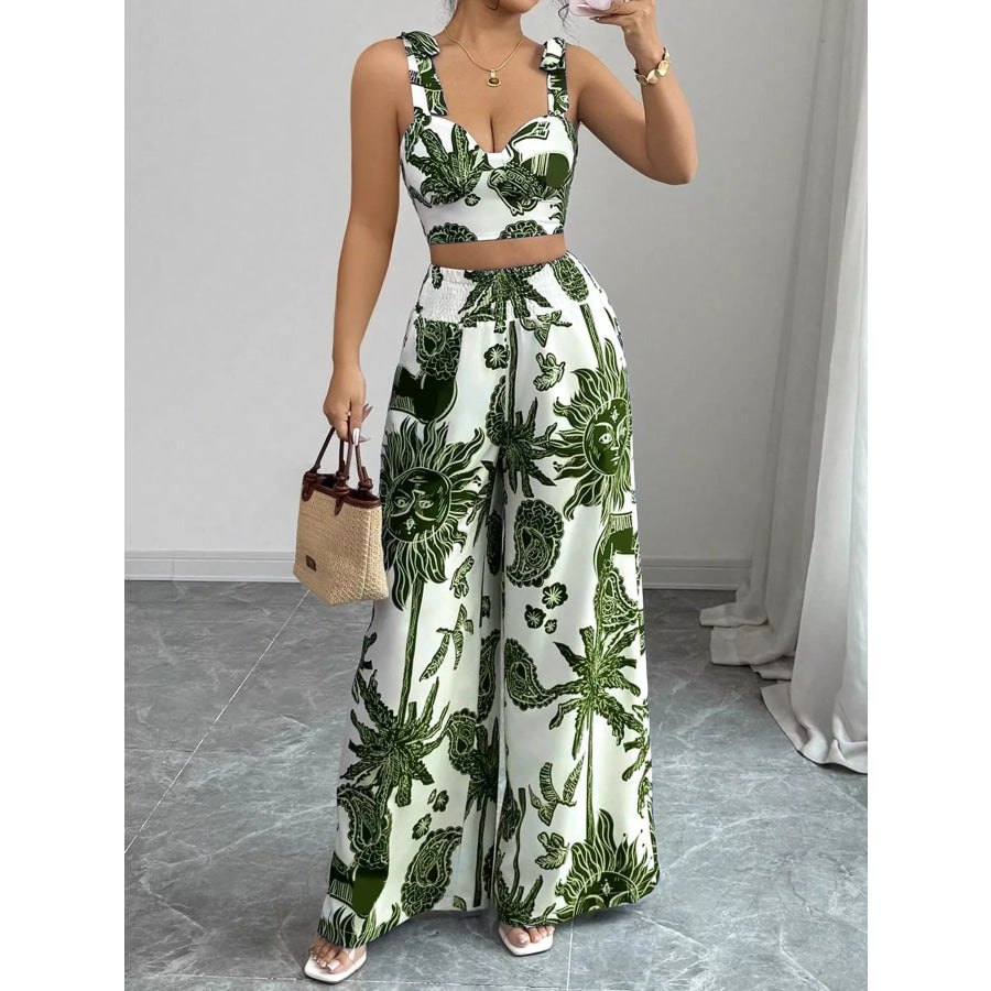 Floral Print Crop Top and Wide Leg Pants Set Apparel and Accessories