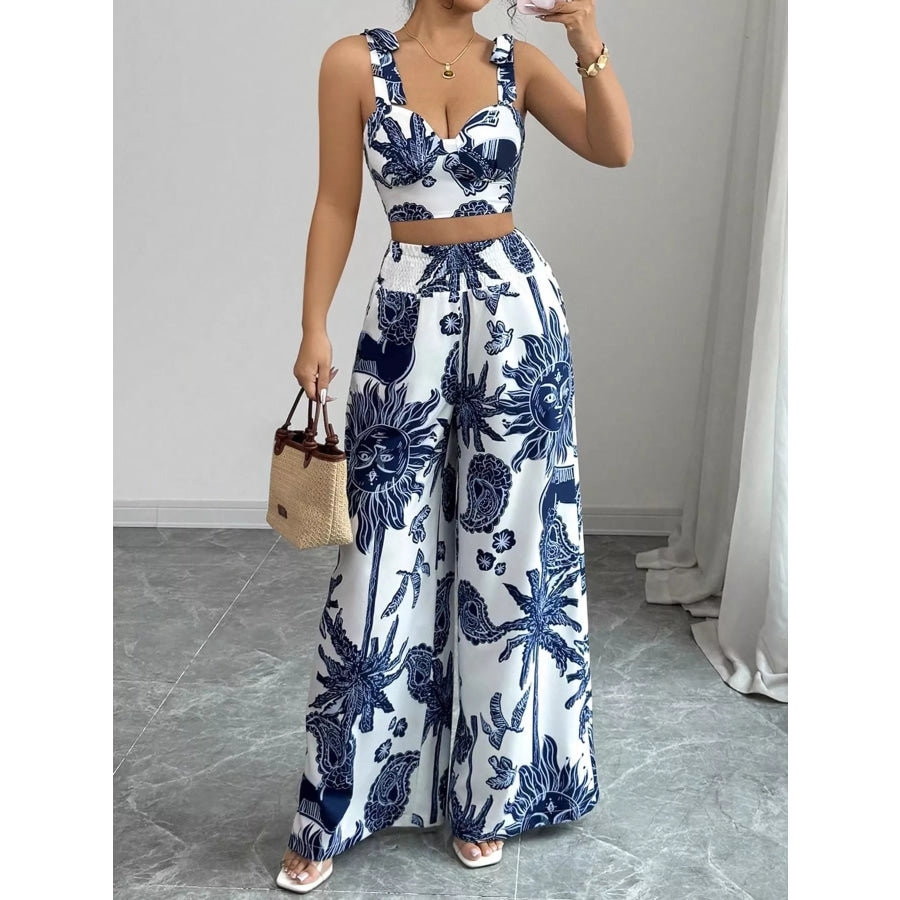 Floral Print Crop Top and Wide Leg Pants Set Apparel and Accessories
