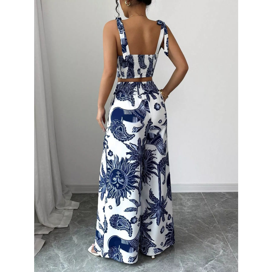 Floral Print Crop Top and Wide Leg Pants Set Apparel and Accessories