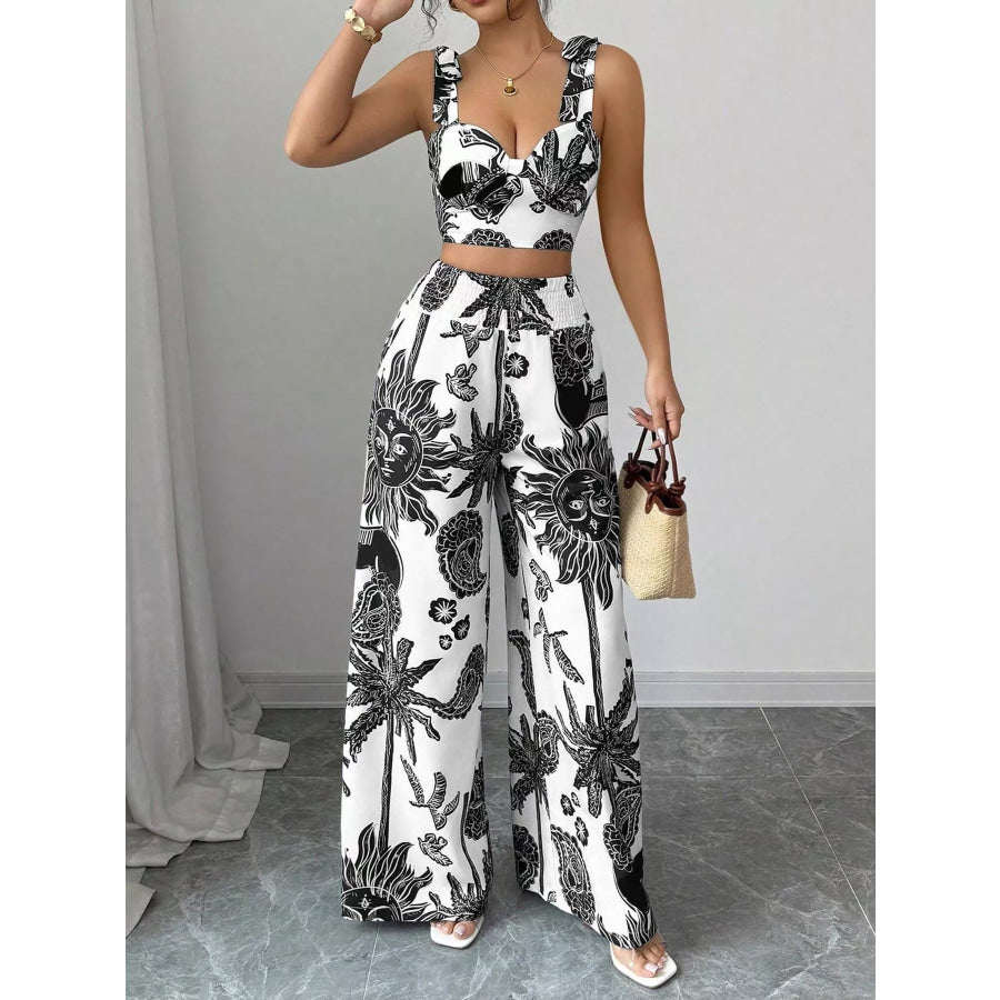 Floral Print Crop Top and Wide Leg Pants Set Apparel and Accessories