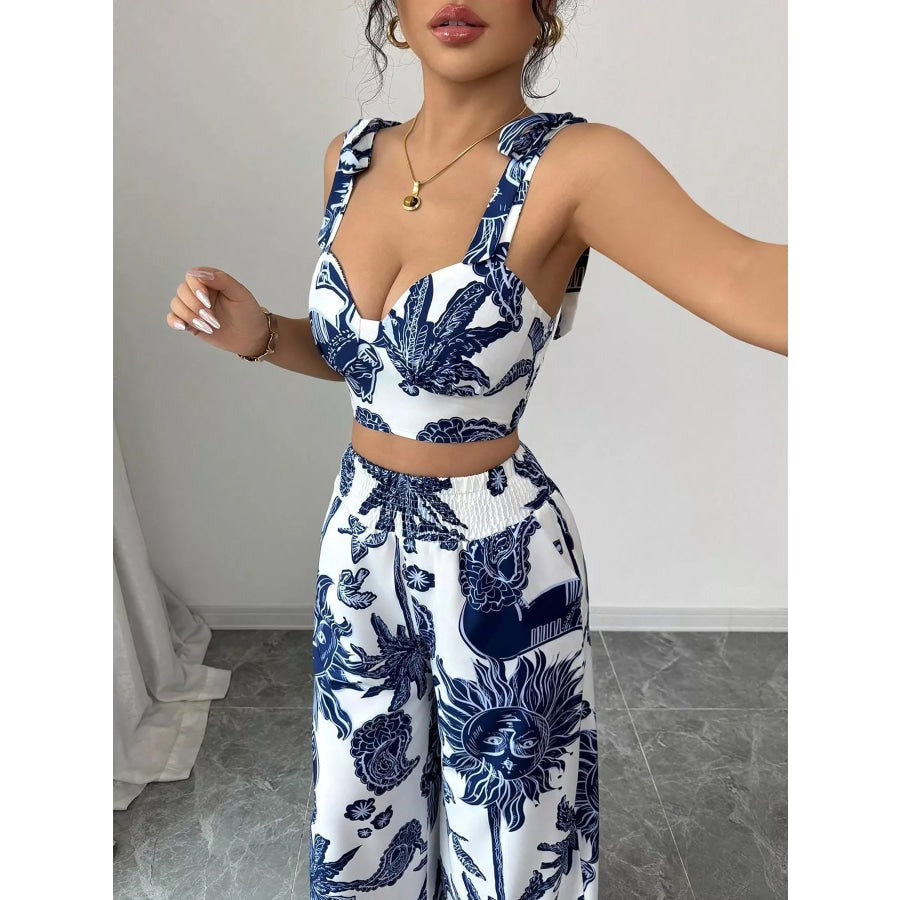 Floral Print Crop Top and Wide Leg Pants Set Apparel and Accessories