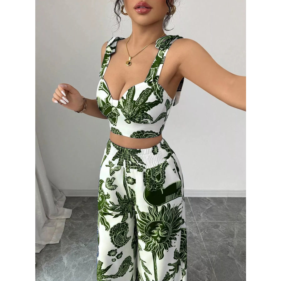 Floral Print Crop Top and Wide Leg Pants Set Apparel and Accessories