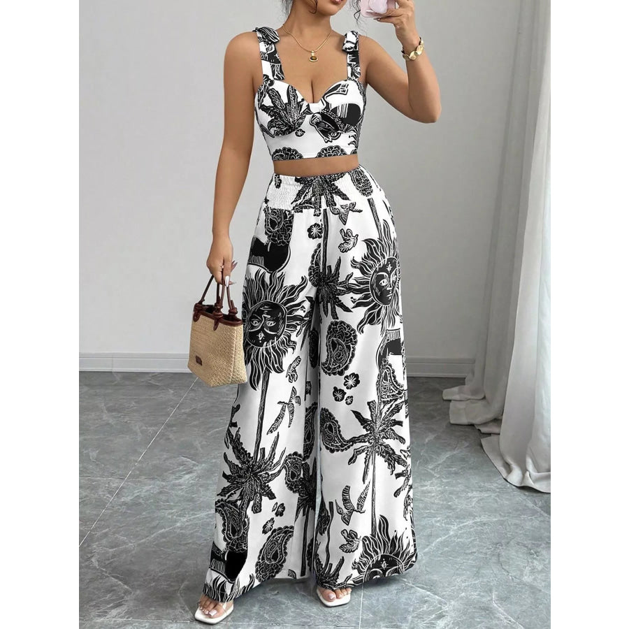 Floral Print Crop Top and Wide Leg Pants Set Apparel and Accessories