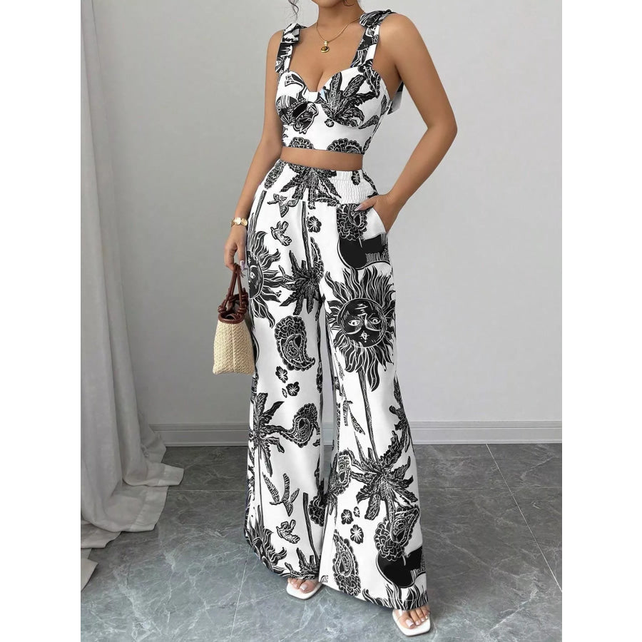 Floral Print Crop Top and Wide Leg Pants Set Black / S Apparel and Accessories