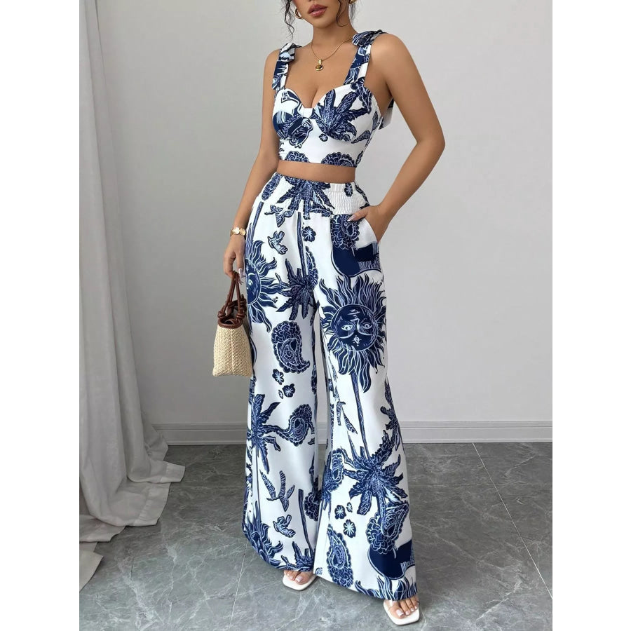 Floral Print Crop Top and Wide Leg Pants Set Blue / S Apparel and Accessories