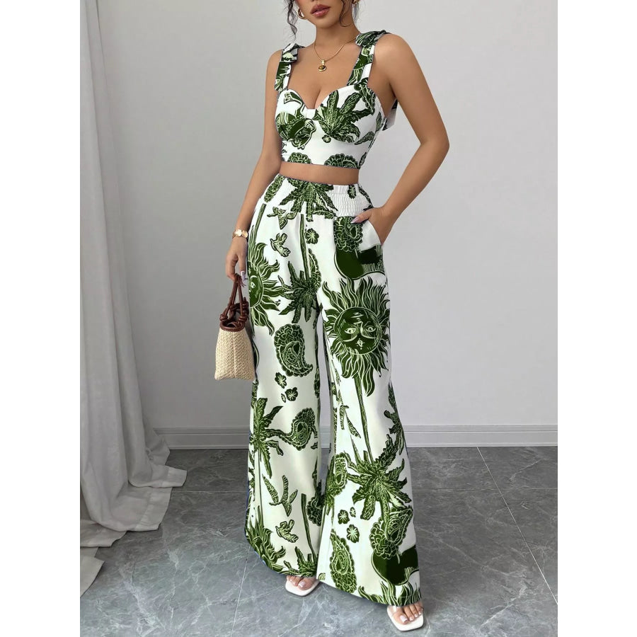Floral Print Crop Top and Wide Leg Pants Set Green / S Apparel and Accessories