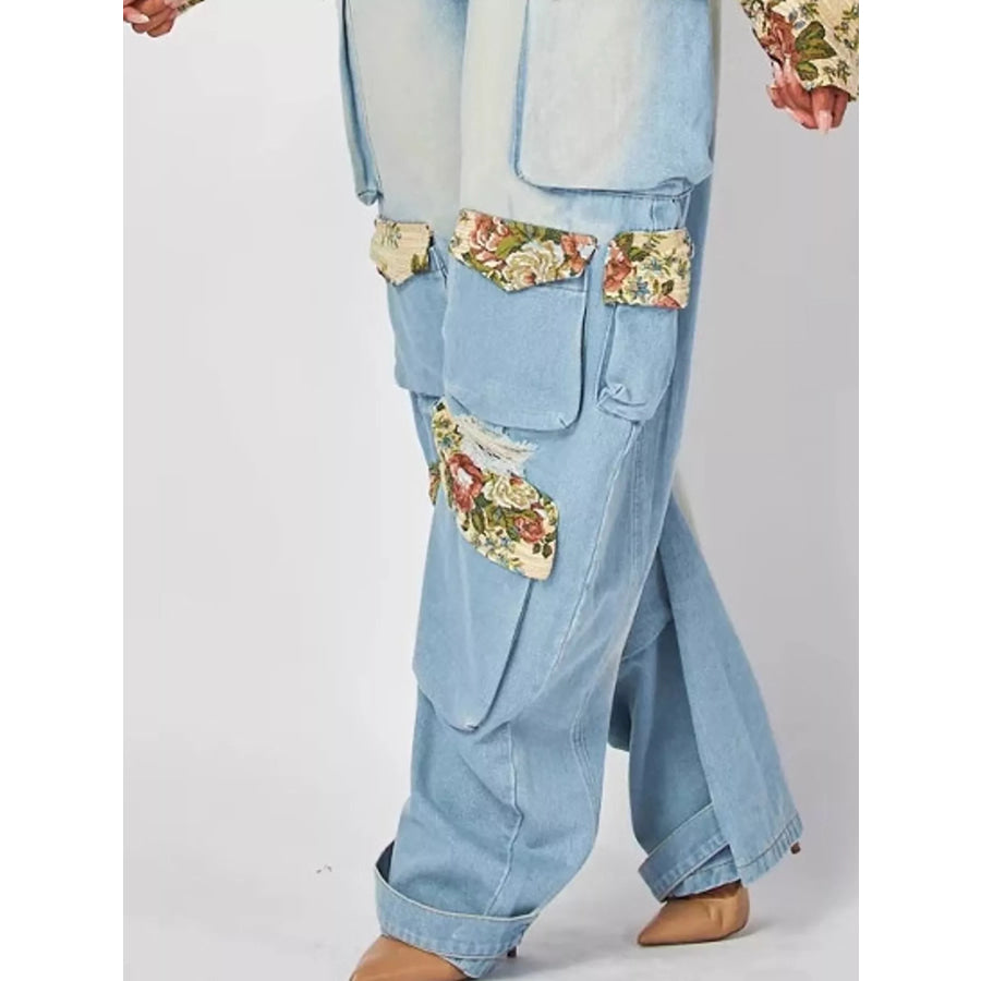 Floral Print Cropped Jacket and Cargo Jeans Denim Set Apparel Accessories