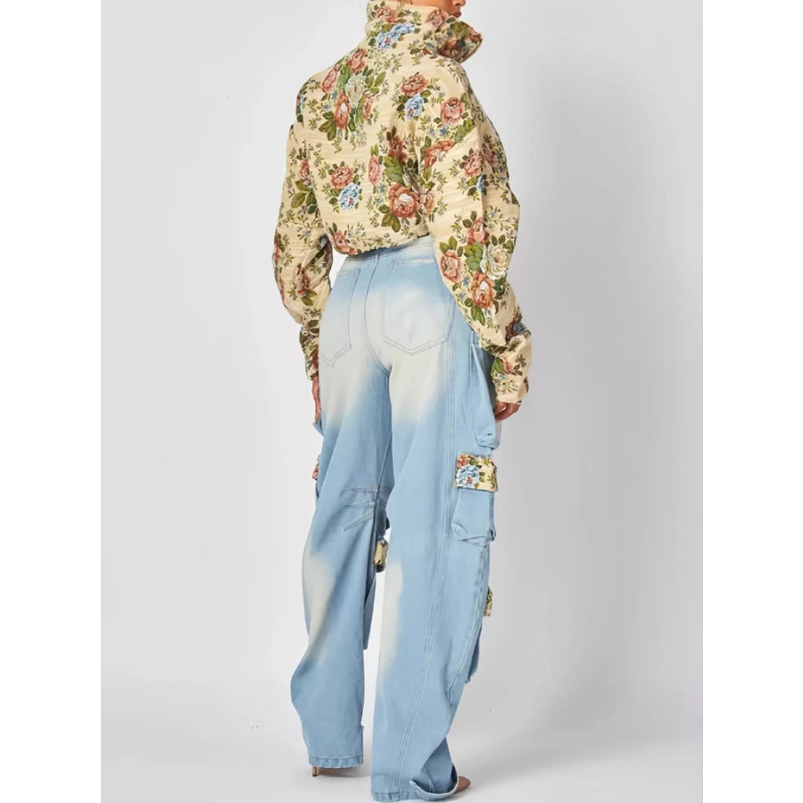 Floral Print Cropped Jacket and Cargo Jeans Denim Set Apparel Accessories