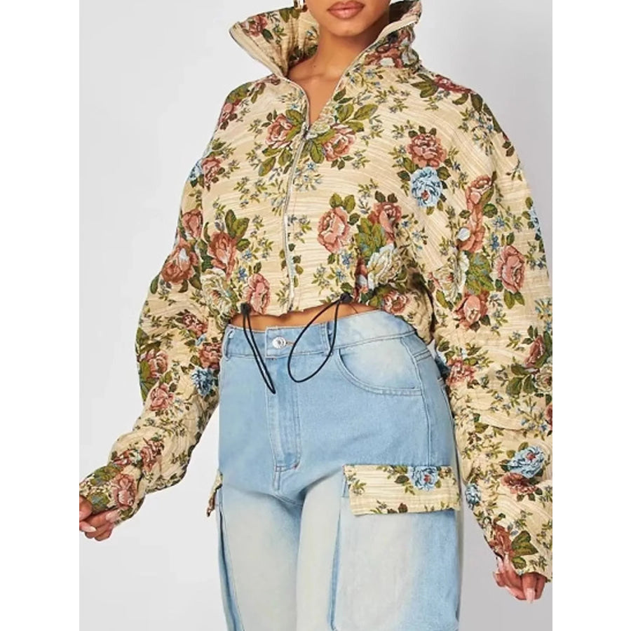 Floral Print Cropped Jacket and Cargo Jeans Denim Set Apparel Accessories