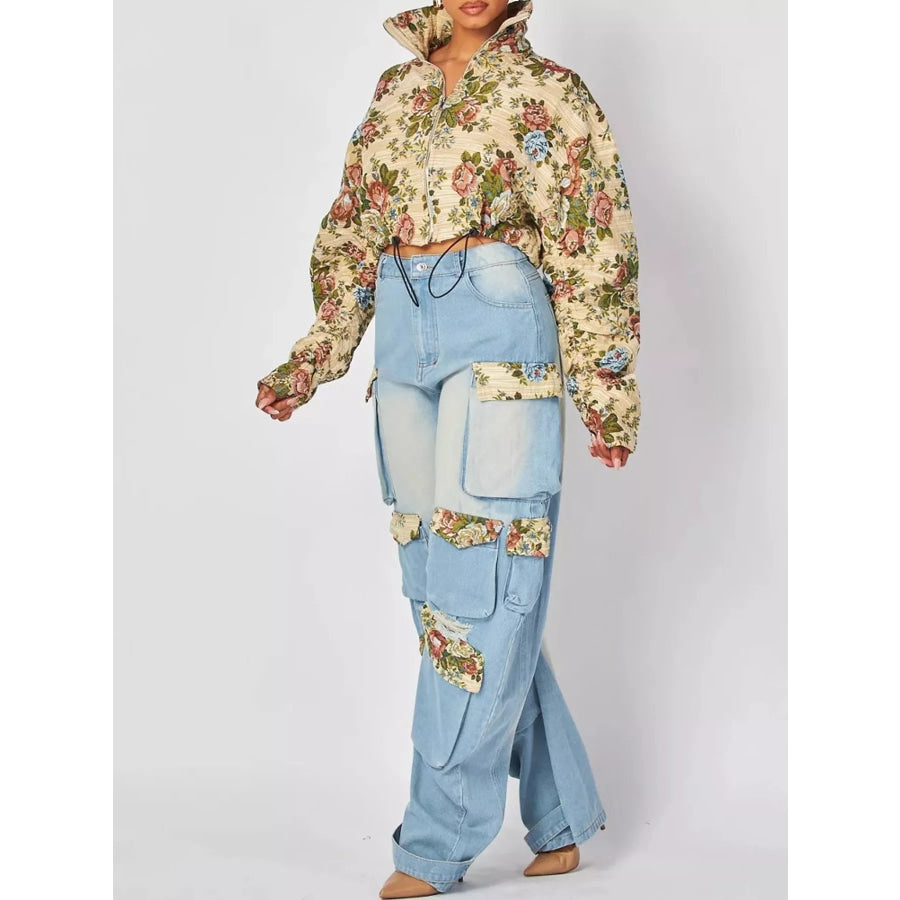 Floral Print Cropped Jacket and Cargo Jeans Denim Set Apparel Accessories