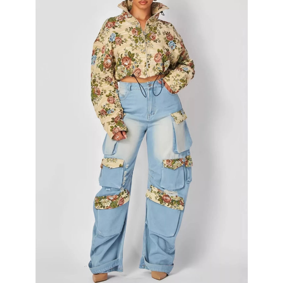 Floral Print Cropped Jacket and Cargo Jeans Denim Set Light / S Apparel Accessories