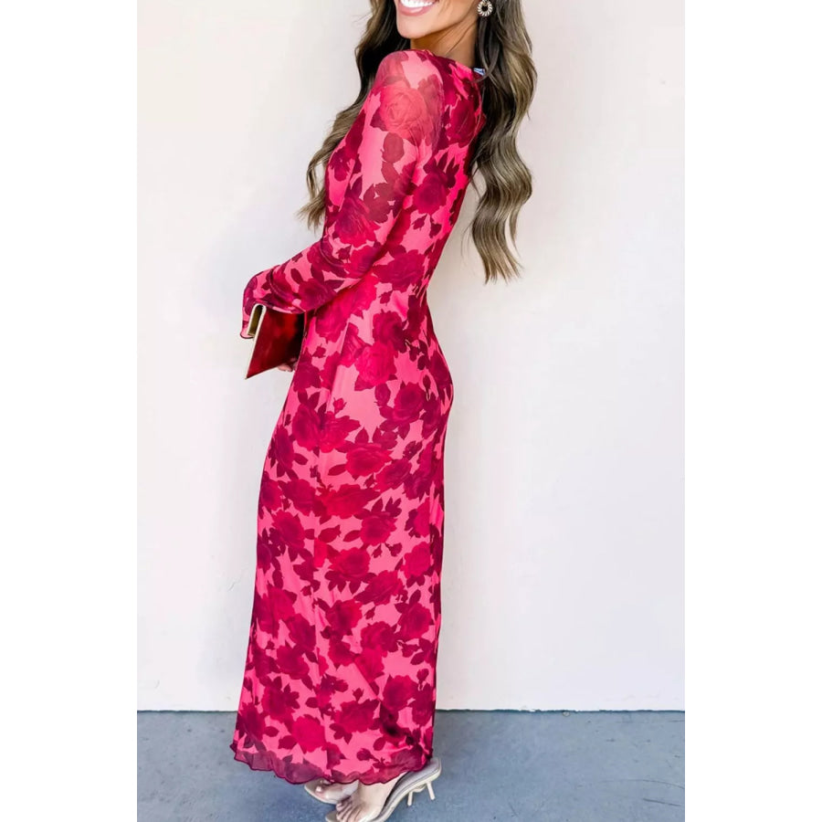 Floral Print Cuff Hem Serging Long Sleeve Sheath Dress Apparel and Accessories