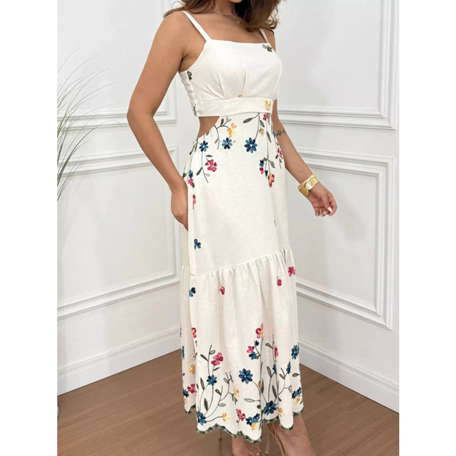 Floral Print Cutout Back Slit Hem Midi Dress Beige / S Apparel and Accessories