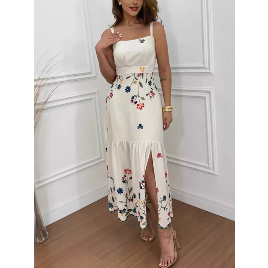 Floral Print Cutout Back Slit Hem Midi Dress Beige / S Apparel and Accessories
