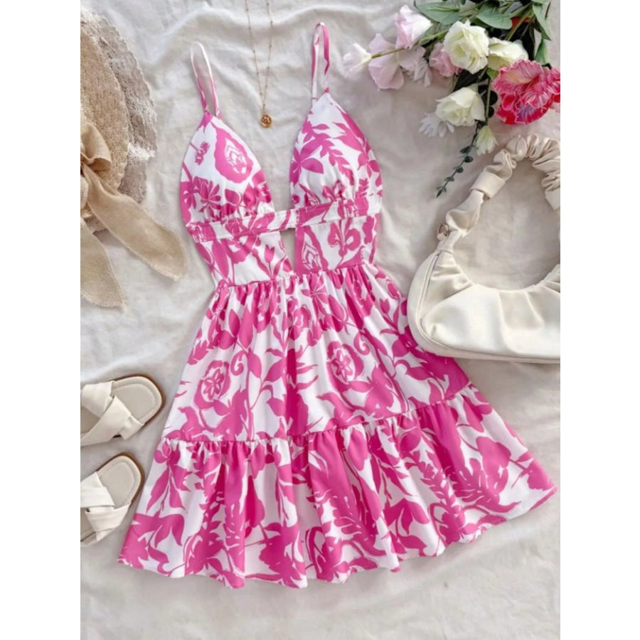 Floral Print Cutout Mini Dress Fuchsia Pink / S Apparel and Accessories