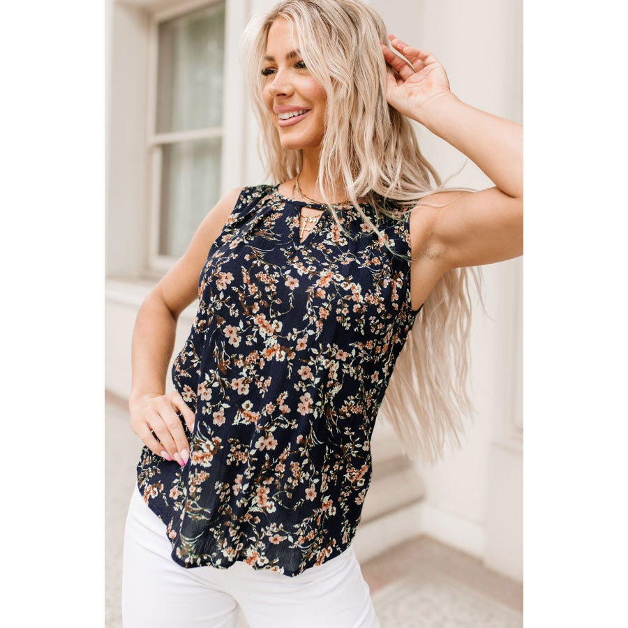 Floral Print Cutout Round Neck Tank Top