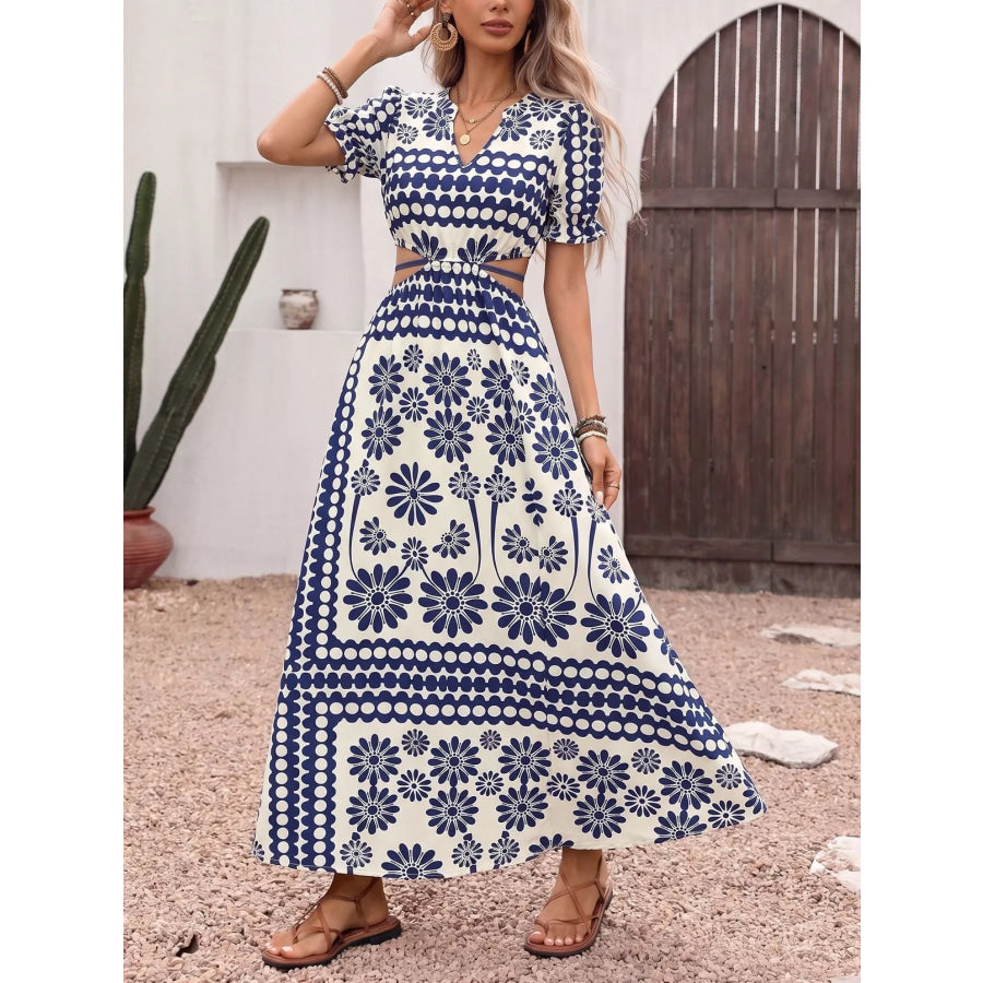 Floral Print Cutout Waist Maxi Dress Navy Blue / S Apparel and Accessories
