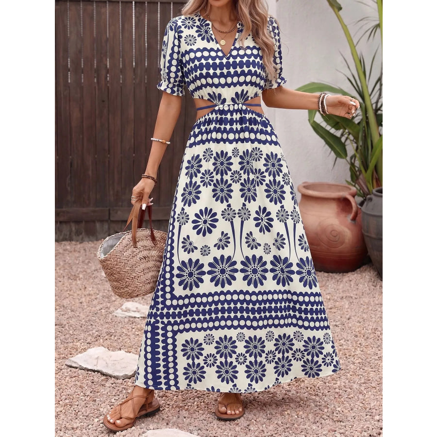 Floral Print Cutout Waist Maxi Dress Navy Blue / S Apparel and Accessories