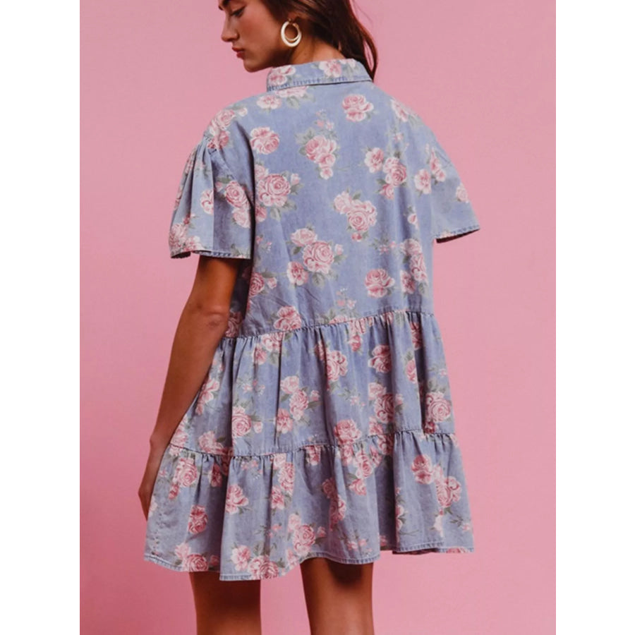 Floral Print Denim Button-Down Tiered Mini Dress Apparel and Accessories