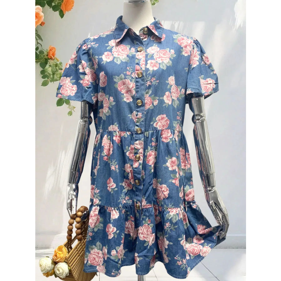Floral Print Denim Button-Down Tiered Mini Dress Apparel and Accessories
