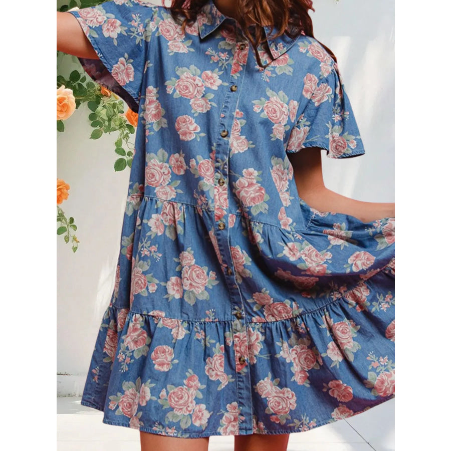 Floral Print Denim Button-Down Tiered Mini Dress Medium / S Apparel and Accessories