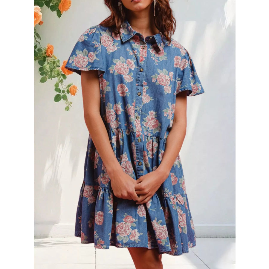 Floral Print Denim Button-Down Tiered Mini Dress Medium / S Apparel and Accessories