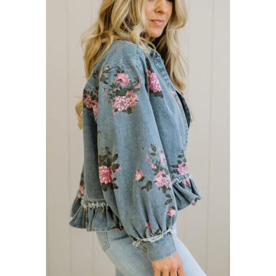 Floral Print Denim Jacket with Ruffled Hem Apparel and Accessories