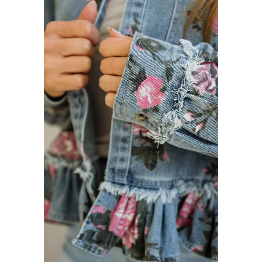 Floral Print Denim Jacket with Ruffled Hem Apparel and Accessories