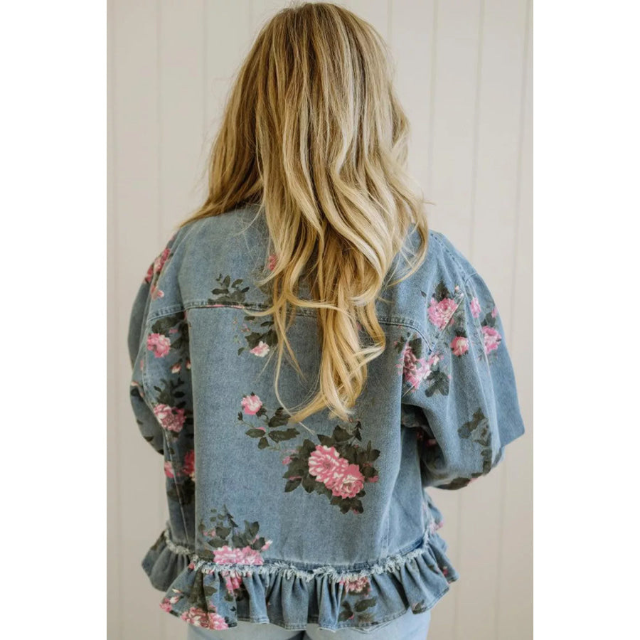 Floral Print Denim Jacket with Ruffled Hem Apparel and Accessories