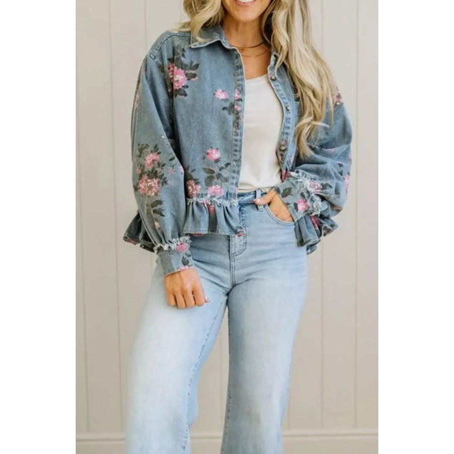 Floral Print Denim Jacket with Ruffled Hem Apparel and Accessories