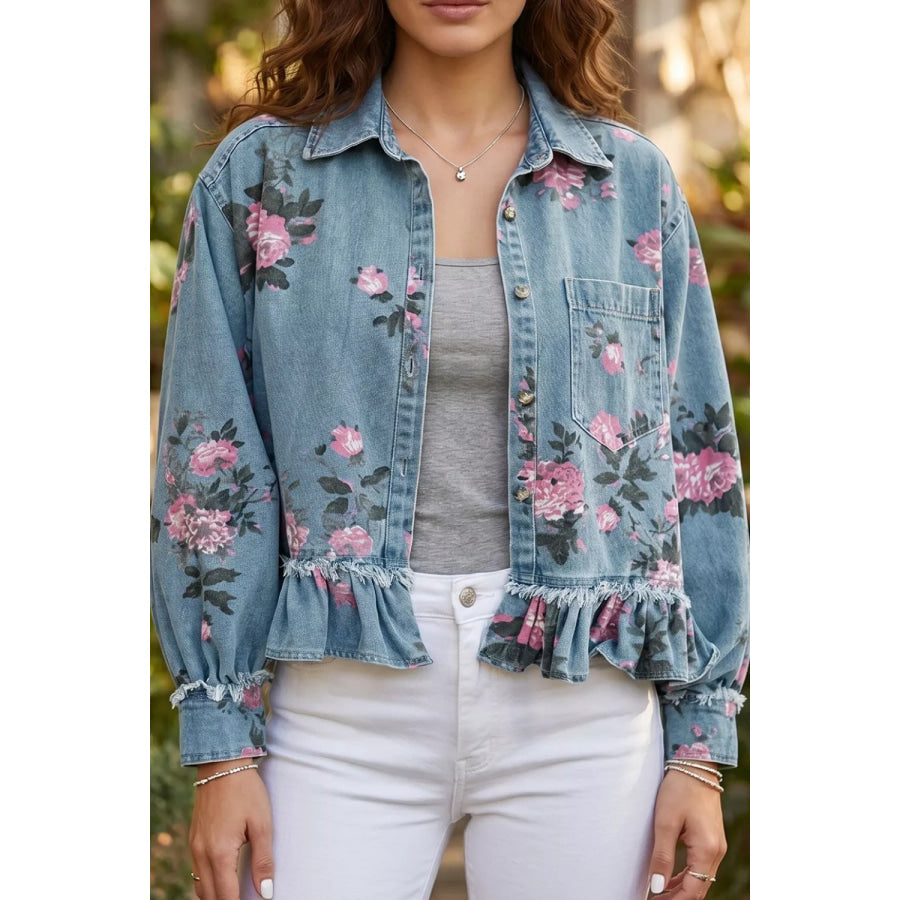 Floral Print Denim Jacket with Ruffled Hem Apparel and Accessories