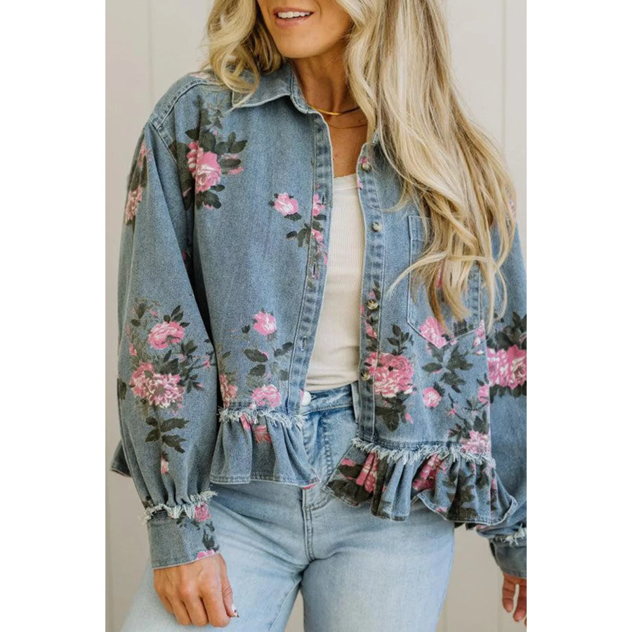 Floral Print Denim Jacket with Ruffled Hem Light Blue / S Apparel and Accessories