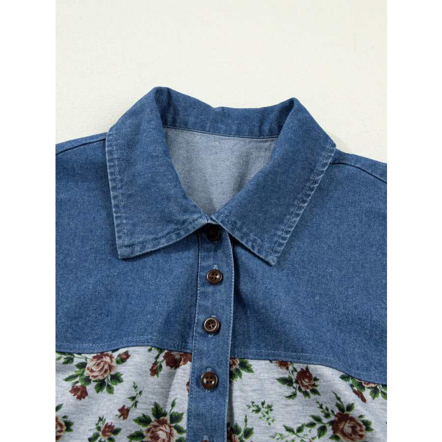 Floral Print Denim Patchwork Blouse Apparel and Accessories