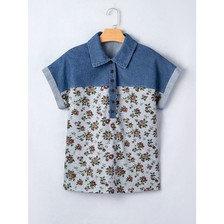 Floral Print Denim Patchwork Blouse Apparel and Accessories