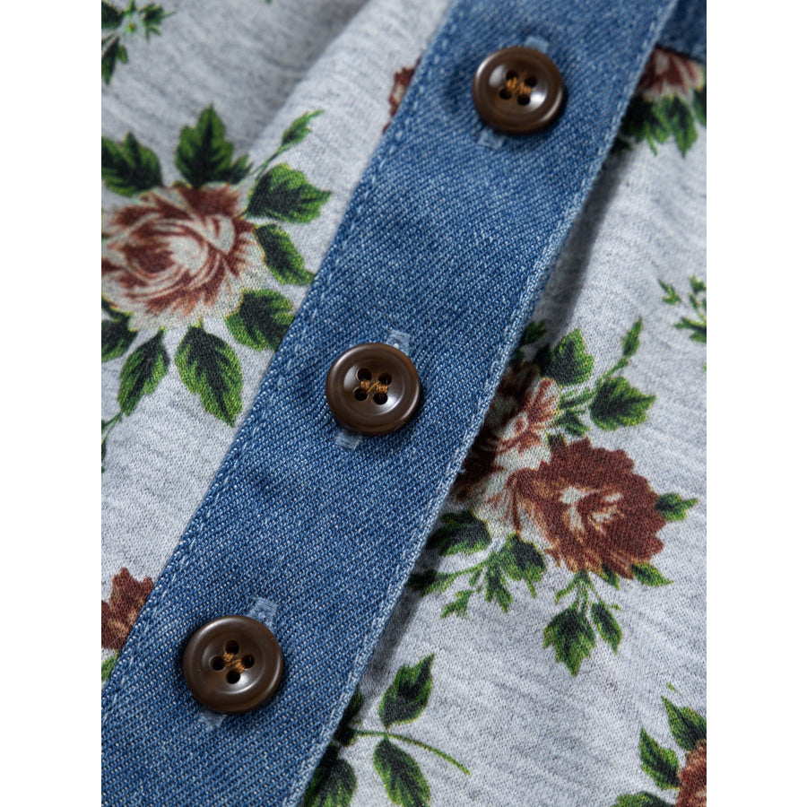 Floral Print Denim Patchwork Blouse Apparel and Accessories